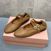 MIUMIU 26S DOUBLE STRAP MARY JANE FLATS IN CARAMEL BROWN SHEEPSKIN