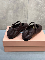MIUMIU 26S DOUBLE STRAP MARY JANE FLATS IN DARK BROWN SHEEPSKIN