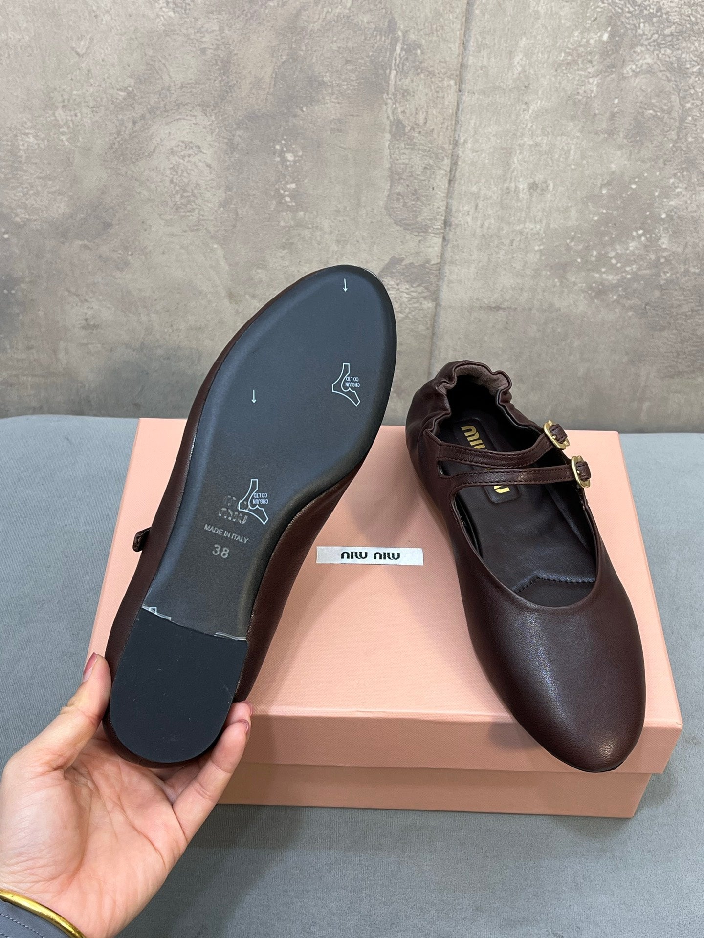 MIUMIU 26S DOUBLE STRAP MARY JANE FLATS IN DARK BROWN SHEEPSKIN