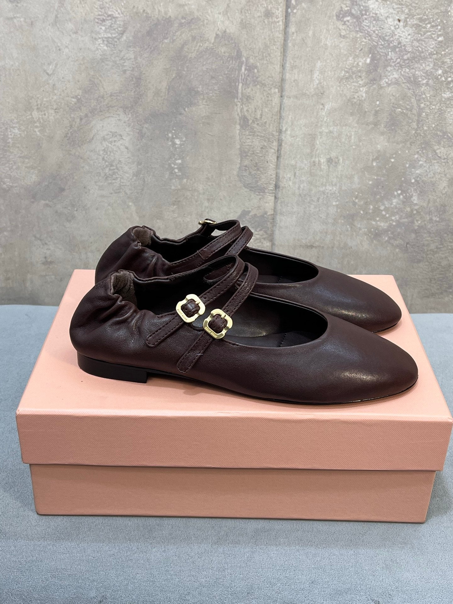 MIUMIU 26S DOUBLE STRAP MARY JANE FLATS IN DARK BROWN SHEEPSKIN