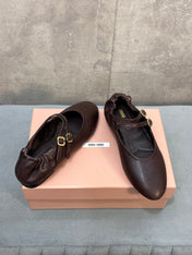 MIUMIU 26S DOUBLE STRAP MARY JANE FLATS IN DARK BROWN SHEEPSKIN