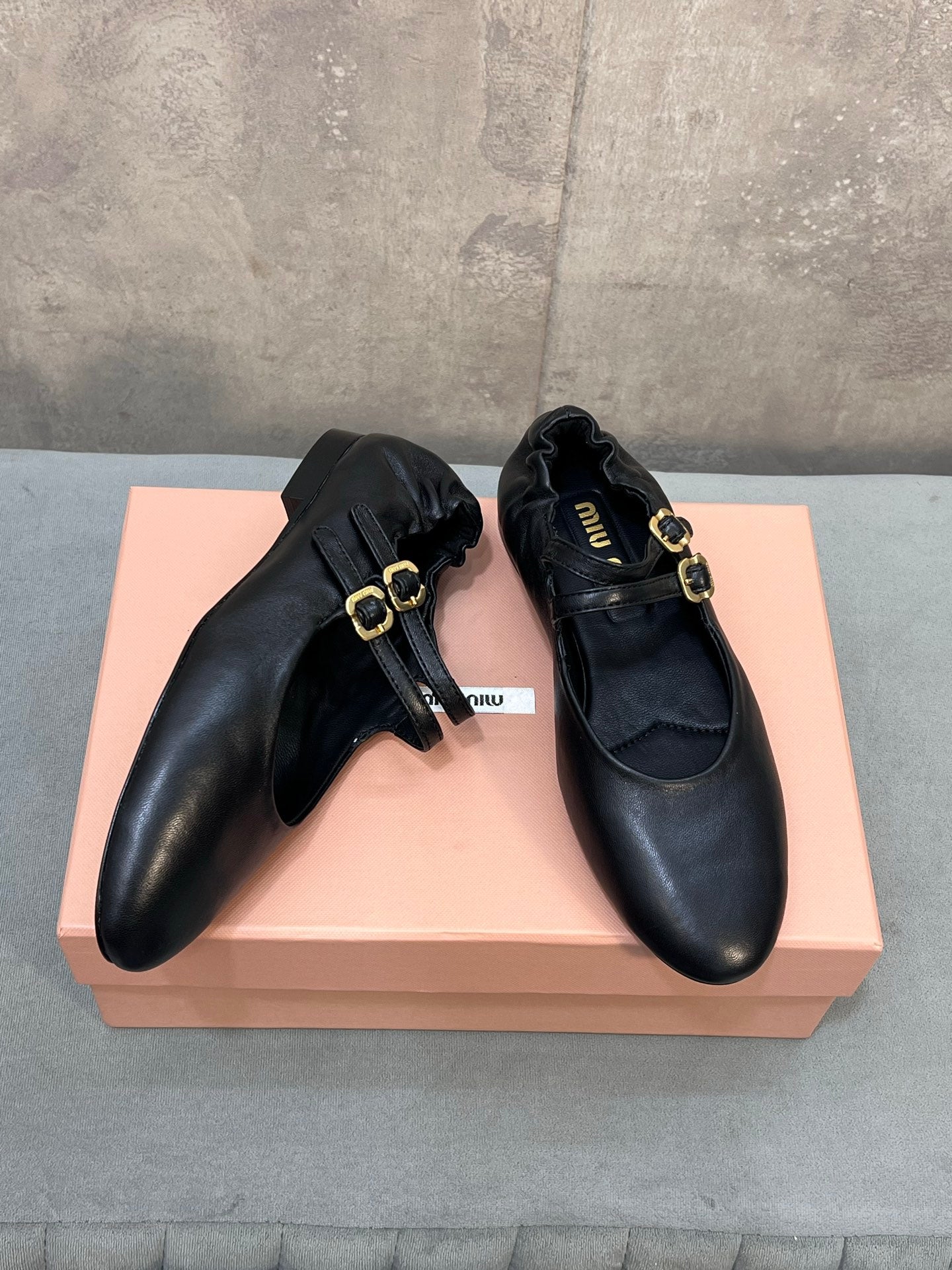 MIUMIU 26S DOUBLE STRAP MARY JANE FLATS IN BLACK SHEEPSKIN