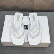 THE ROW 26S SQUARE TOE THONG SANDALS IN WHITE CROCODILE EMBOSSED CALFSKIN