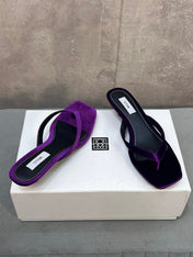 THE ROW 26S SQUARE TOE THONG KITTEN HEEL SANDALS 45MM IN PURPLE VELVET