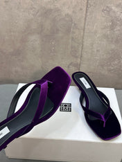 THE ROW 26S SQUARE TOE THONG KITTEN HEEL SANDALS 45MM IN PURPLE VELVET
