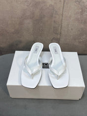 THE ROW 26S SQUARE TOE THONG KITTEN HEEL SANDALS 45MM IN WHITE CROCODILE EMBOSSED CALFSKIN