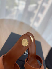 OPYUM OPEN TOE HIGH 10 CM MULES IN BRONZE BROWN CALFSKIN