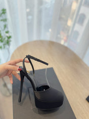 LA SCANDALE HIGH 14 CM PLATFORM SANDALS IN BLACK SATIN CREPE