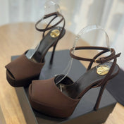 LA SCANDALE HIGH 14 CM PLATFORM SANDALS IN CHOCOLATE BROWN SATIN CREPE