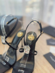 HIGH HEEL SANDAL 10 CM IN BLACK SATIN CREPE AND CRYSTAL