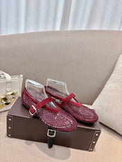 ALAIA 26S MESH FLATS IN DARK RED SUEDE