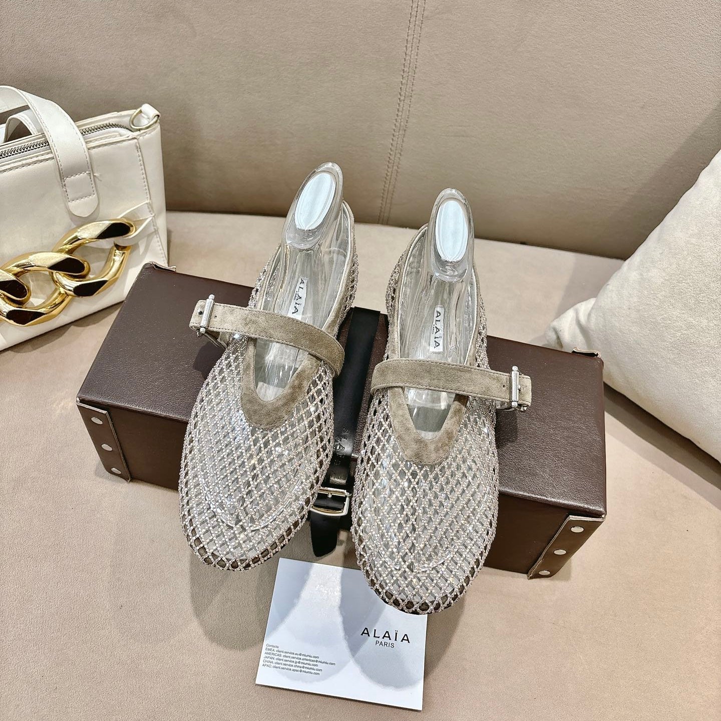 ALAIA 26S MESH FLATS IN BEIGE BROWN SUEDE