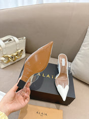 ALAIA 26S HIGH-HEEL WEDGE MULES 95 MM IN WHITE GLOSSY CALFSKIN