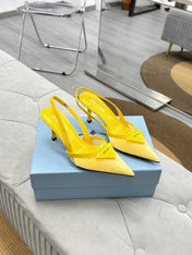 PRADA 25S TRIANGLE LOGO SLINGBACK PUMPS IN YELLOW MESH FABRIC