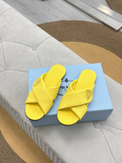 PRADA 25S SLIDE SANDALS IN YELLOW CALFSKIN LOGO
