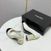 CC HIGH HEEL 25S IN WHITE LAMBSKIN AND BLACK SUEDE WITH PEARL HEEL STYLE 2