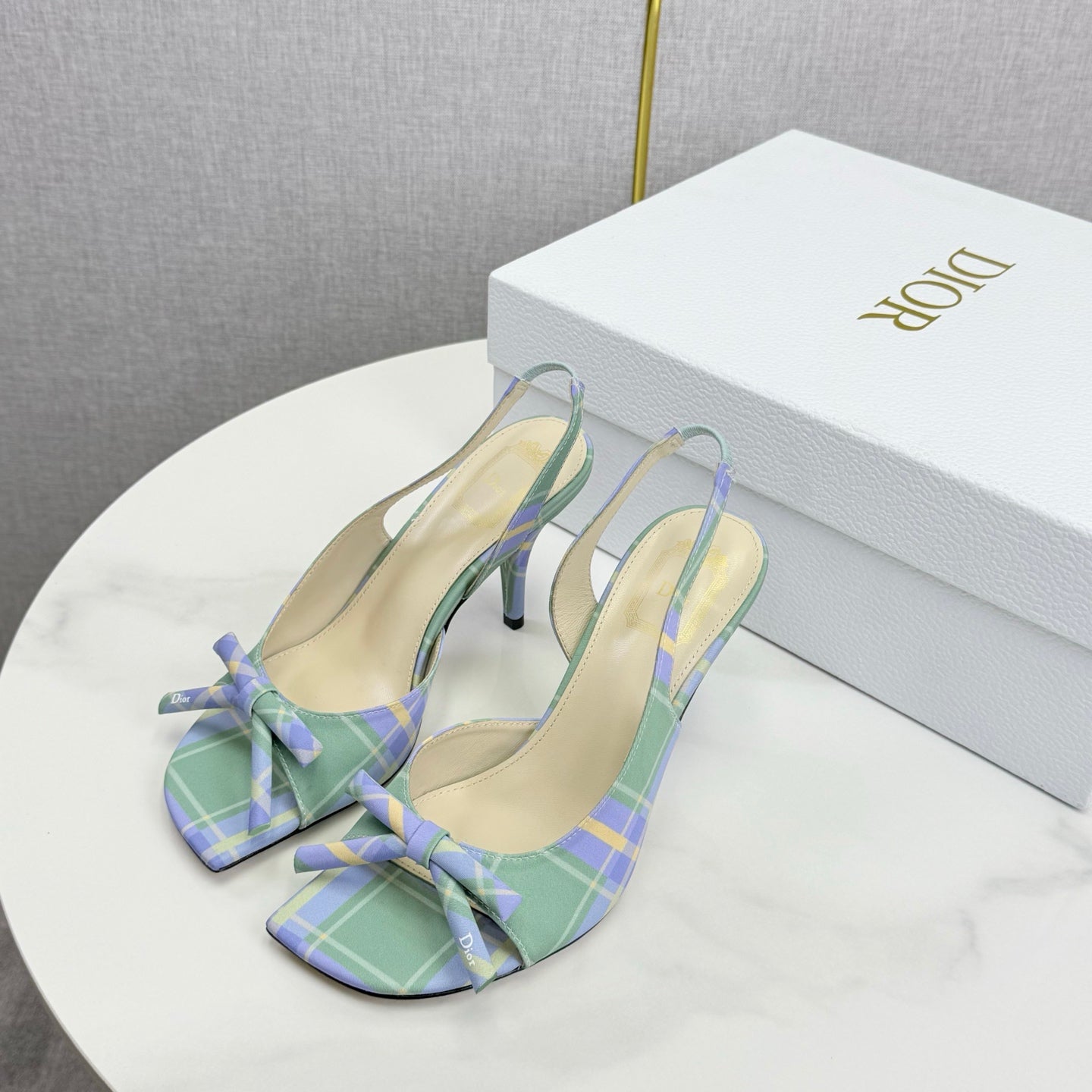 DIOR 26S HIGH-HEEL BACK-STRAP SHOES IN LIGHT LAVENDER AND SAGE GREEN FABRIC