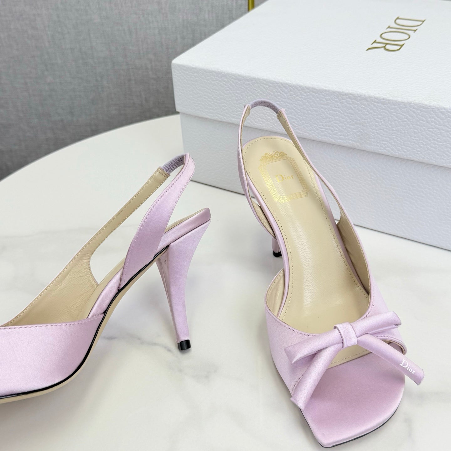 DIOR 26S HIGH-HEEL BACK-STRAP SHOES IN PALE DUSTY PINK SATIN