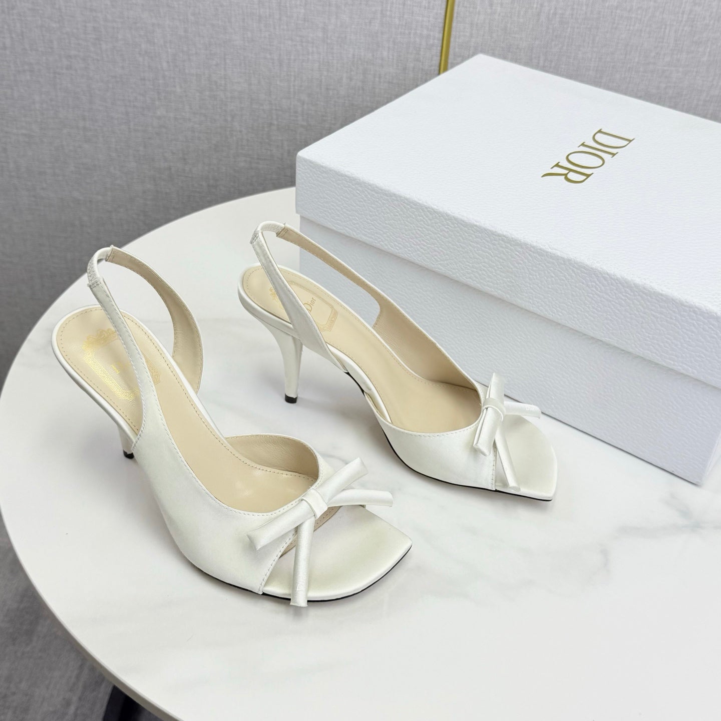 DIOR 26S HIGH-HEEL BACK-STRAP SHOES IN WHITE SATIN