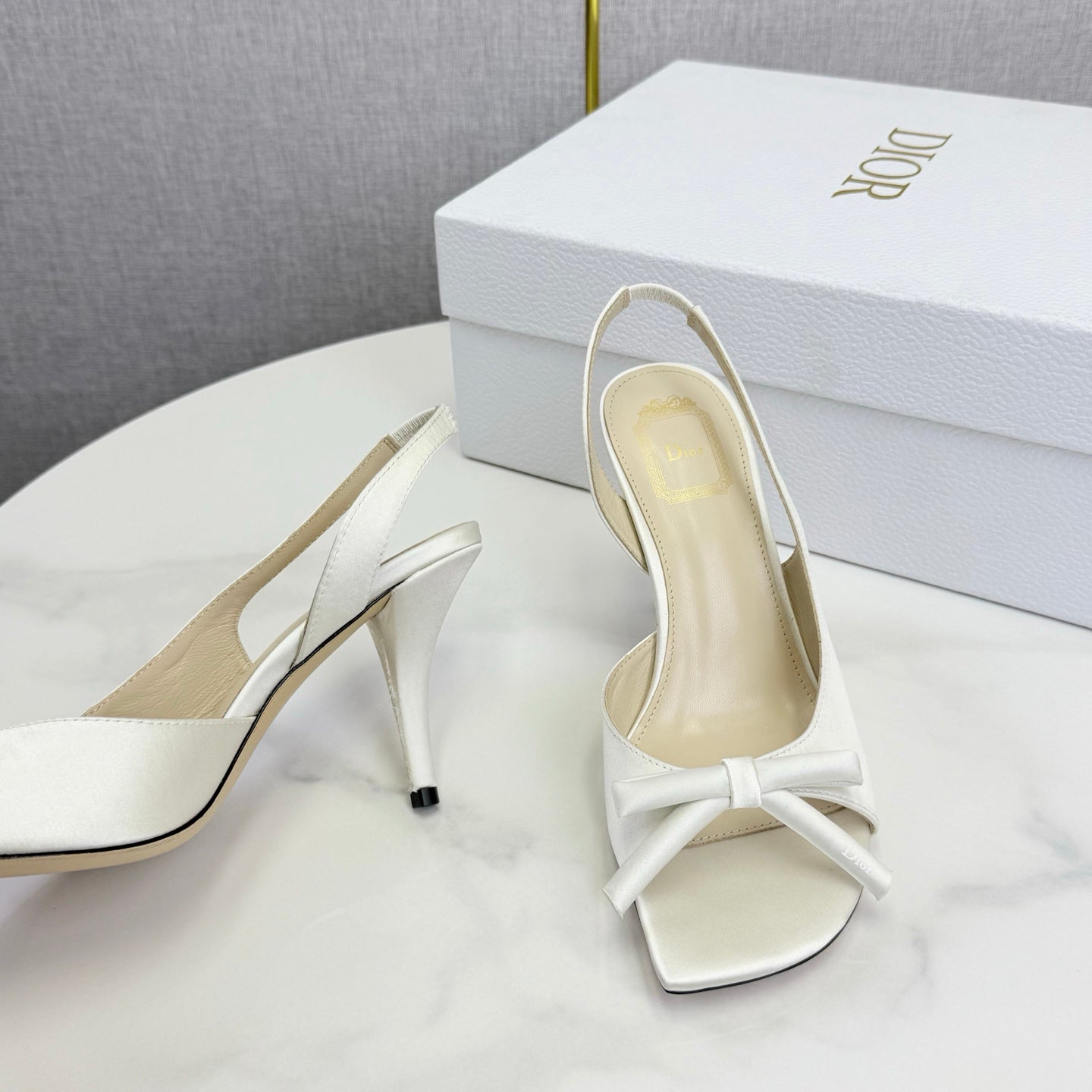 DIOR 26S HIGH-HEEL BACK-STRAP SHOES IN WHITE SATIN