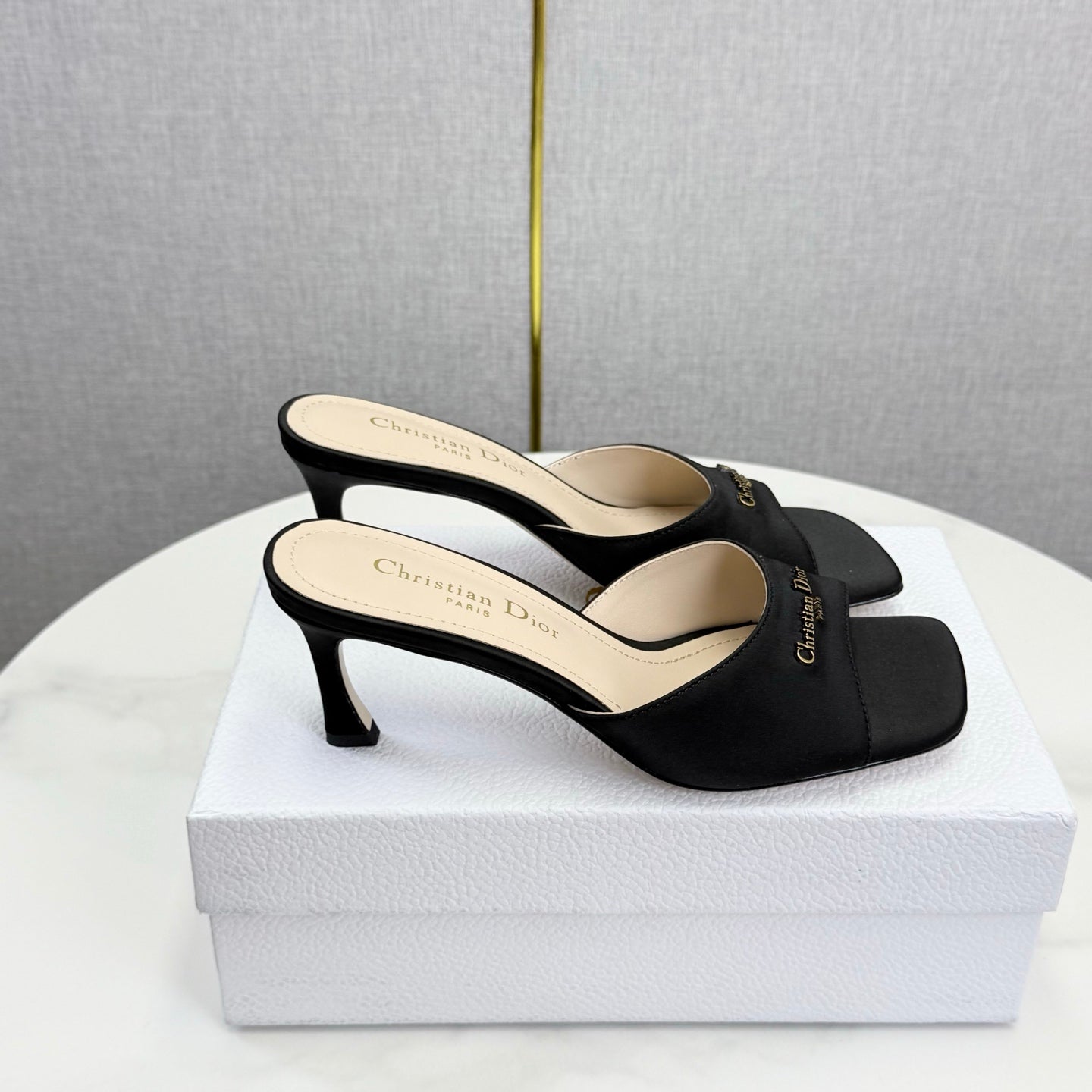 DIOR 26S HIGH-HEELED MULES IN BLACK SATIN GOLD HARDWARE