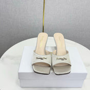 DIOR 26S HIGH-HEELED MULES IN LIGHT GRAY SATIN GOLD HARDWARE