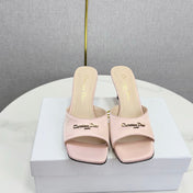 DIOR 26S HIGH-HEELED MULES IN LIGHT PINK SATIN GOLD HARDWARE