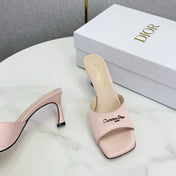 DIOR 26S HIGH-HEELED MULES IN LIGHT PINK SATIN GOLD HARDWARE