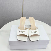 DIOR 26S HIGH-HEELED MULES IN WHITE SATIN GOLD HARDWARE