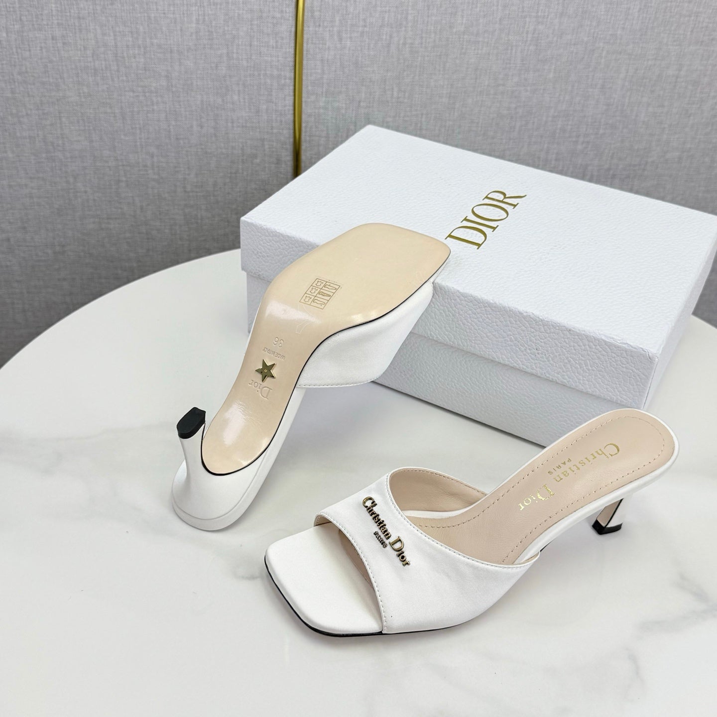 DIOR 26S HIGH-HEELED MULES IN WHITE SATIN GOLD HARDWARE