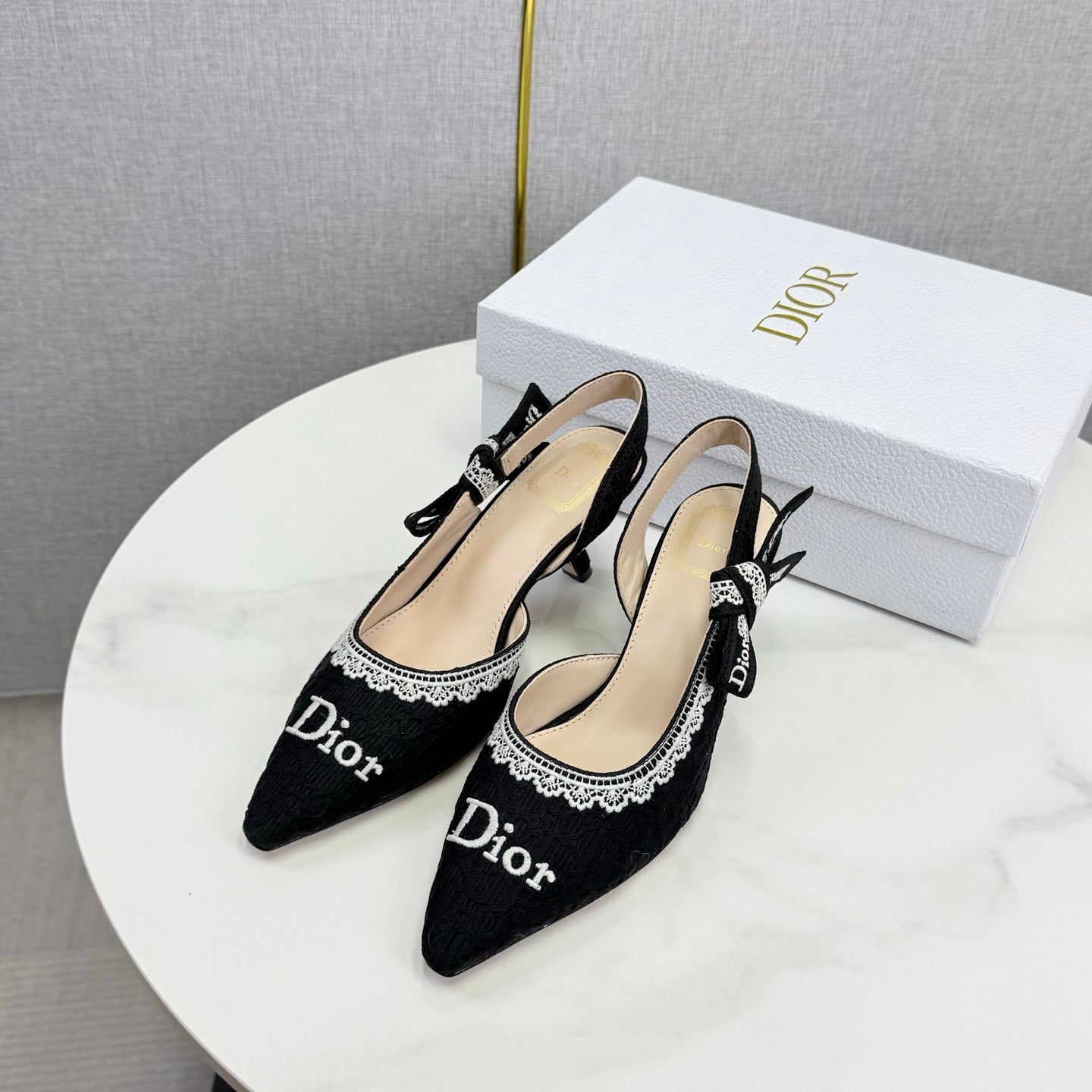 DIOR 26S SLINGBACK PUMPS IN BLACK FABRIC EMBOSSED LOGO
