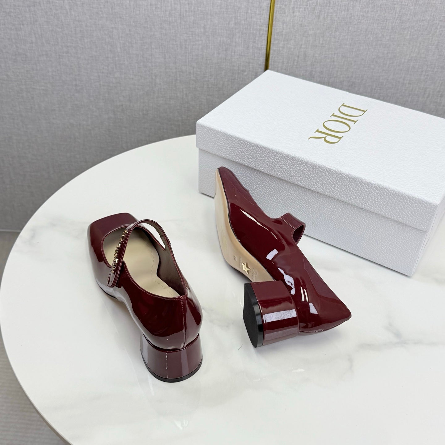 DIOR 26S MARY JANE HIGH HEELS 40MM IN WINE RED PATENT CALFSKIN GOLD HARDWARE