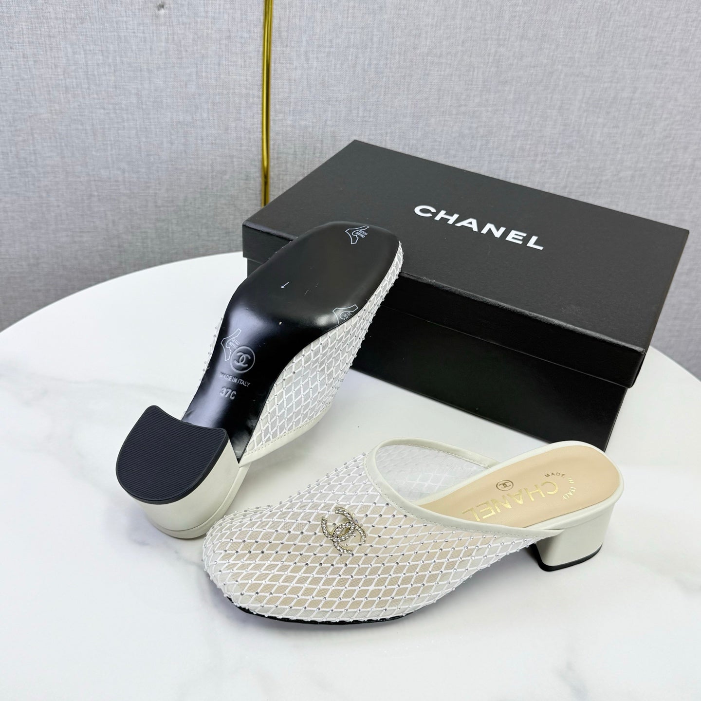 CHANEL 26S MESH HIGH HEEL MULES IN WHITE LAMBSKIN
