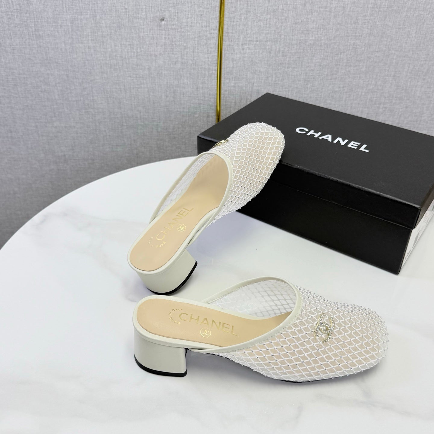 CHANEL 26S MESH HIGH HEEL MULES IN WHITE LAMBSKIN
