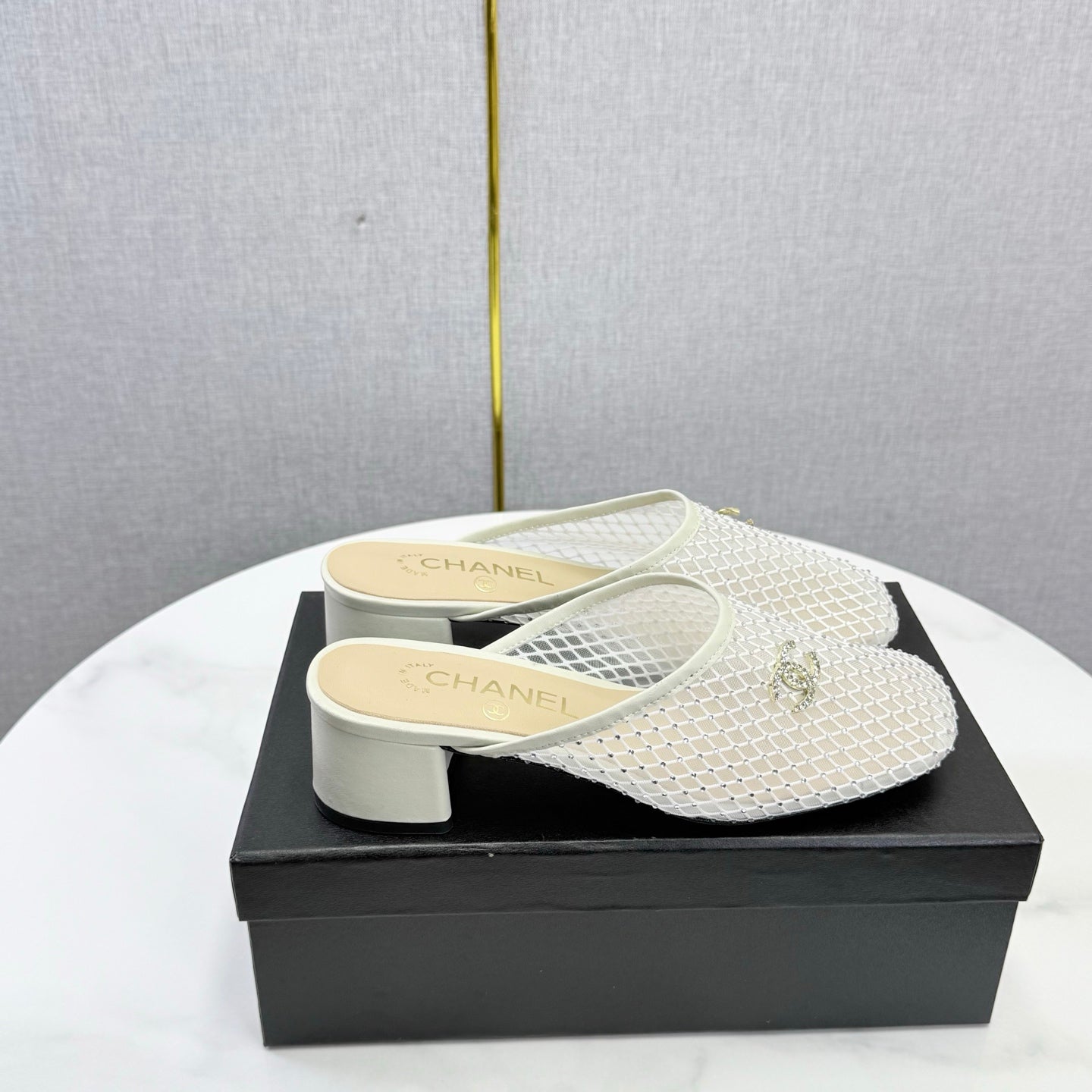 CHANEL 26S MESH HIGH HEEL MULES IN WHITE LAMBSKIN