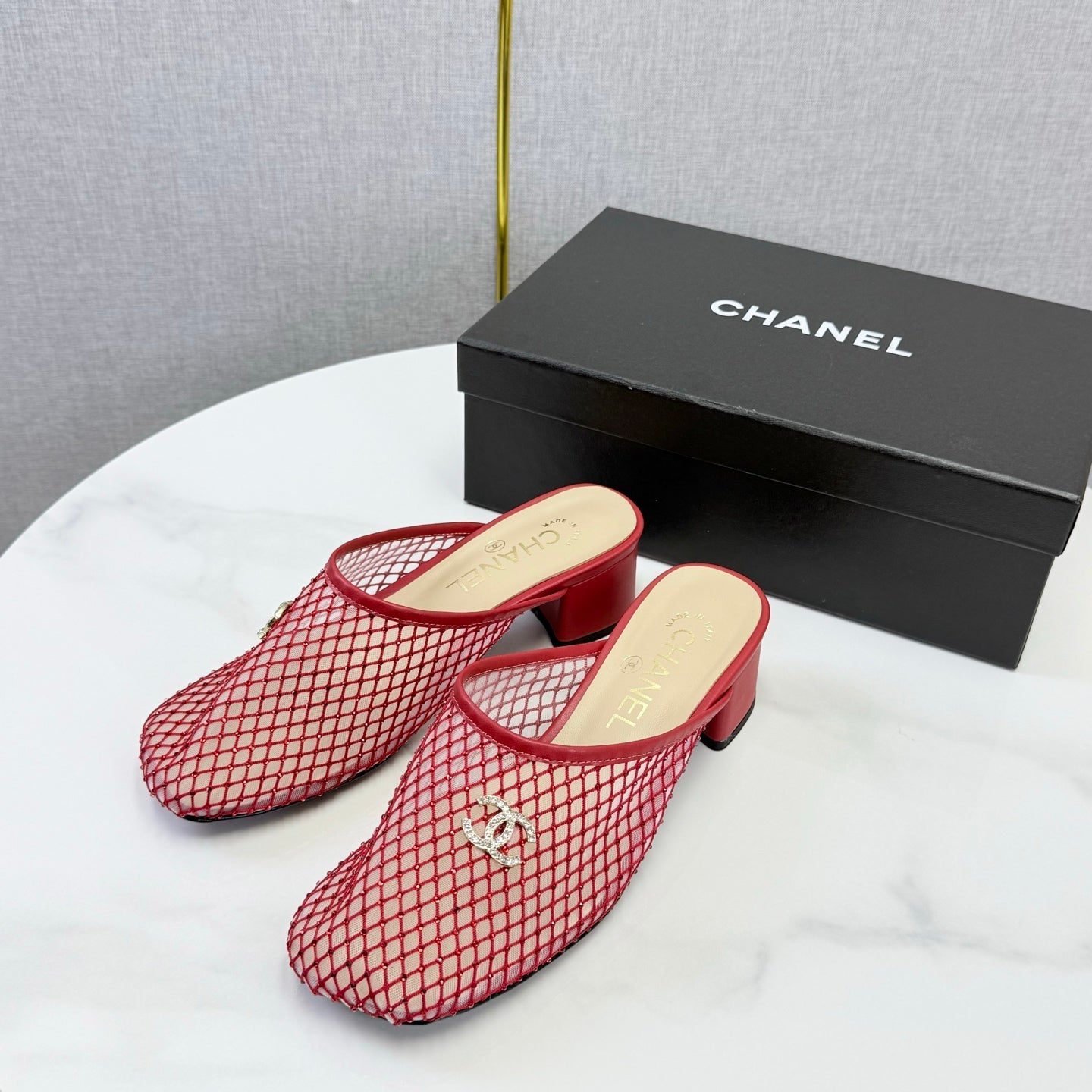 CHANEL 26S MESH HIGH HEEL MULES IN RED LAMBSKIN