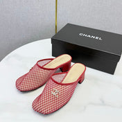 CHANEL 26S MESH HIGH HEEL MULES IN RED LAMBSKIN