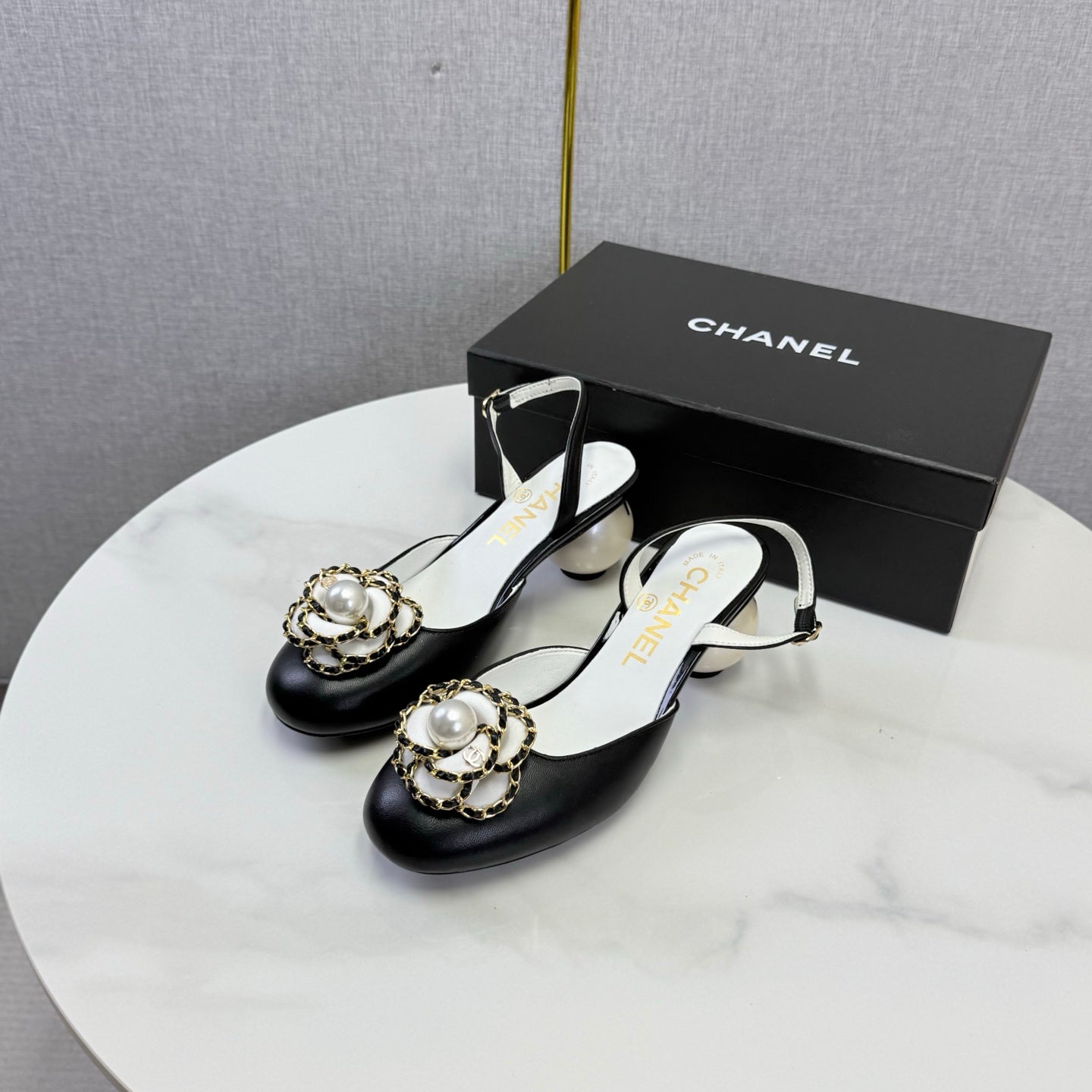 CHANEL 26S CAMELLIA PEARL SLINGBACKS IN BLACK CALFSKIN