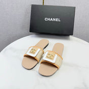 CHANEL 26S WOVEN STRAP SLIDES IN BEIGE AND ORANGE LAMBSKIN