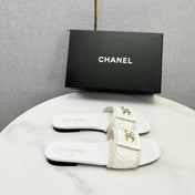 CHANEL 26S WOVEN STRAP SLIDES IN WHITE LAMBSKIN