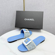 CHANEL 26S WOVEN STRAP SLIDES IN SKY BLUE LAMBSKIN