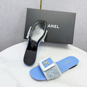 CHANEL 26S WOVEN STRAP SLIDES IN SKY BLUE LAMBSKIN