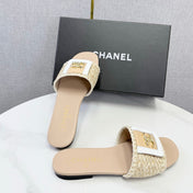 CHANEL 26S WOVEN STRAP SLIDES IN BEIGE LAMBSKIN