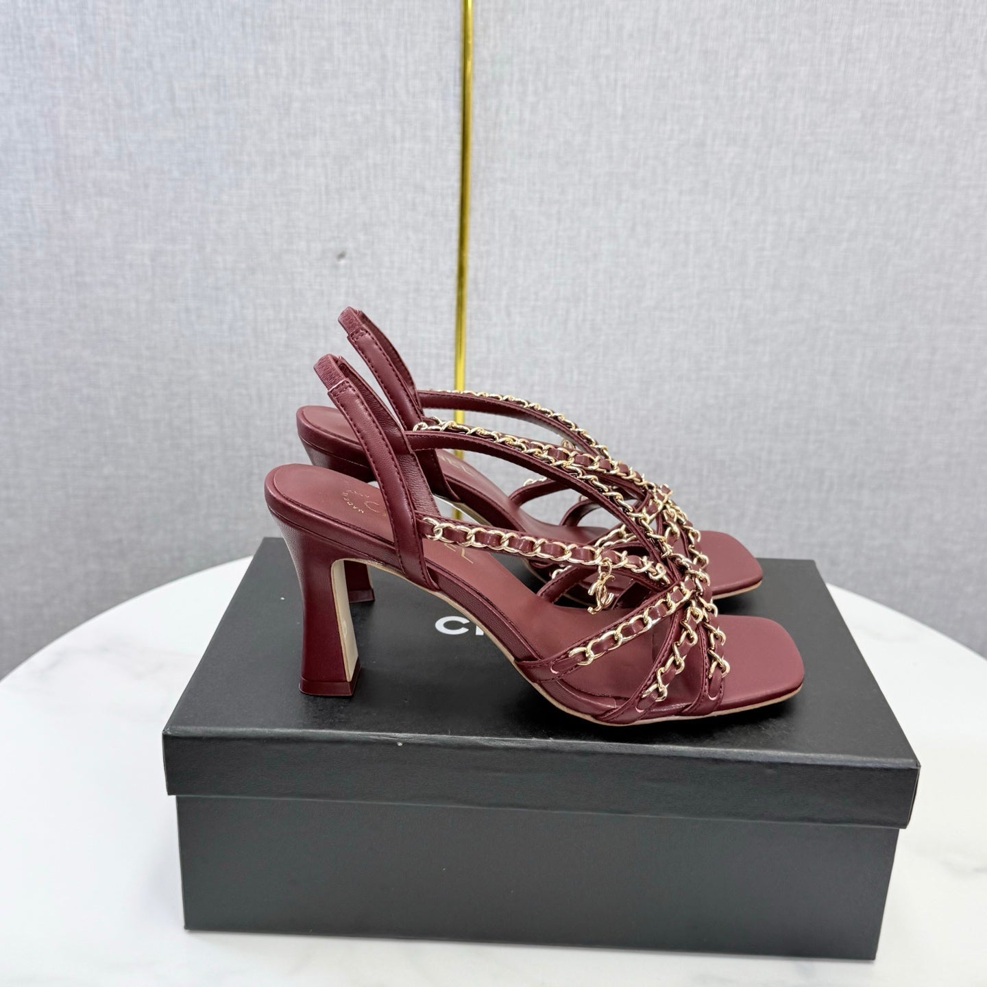 CHANEL 26S CHAIN STRAP HIGH HEELS 65 MM IN DARK RED LAMBSKIN