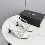 CHANEL 26S CHAIN STRAP HIGH HEELS 65 MM IN WHITE LAMBSKIN