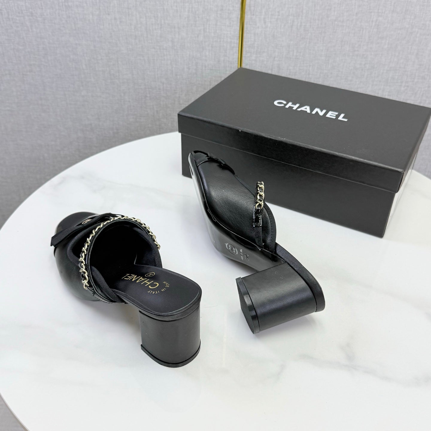 CHANEL 26S HIGH HEEL MULES 45 MM IN BLACK LAMBSKIN