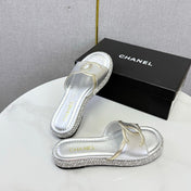 CHANEL 26S PLATFORM SLIDES IN SILVER LAMBSKIN WITH CC LOGO