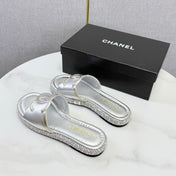 CHANEL 26S PLATFORM SLIDES IN SILVER LAMBSKIN WITH CC LOGO