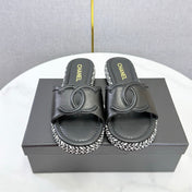 CHANEL 26S PLATFORM SLIDES IN BLACK LAMBSKIN WITH CC LOGO