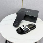 CHANEL 26S ICONIC CC SLIDES IN BLACK LAMBSKIN